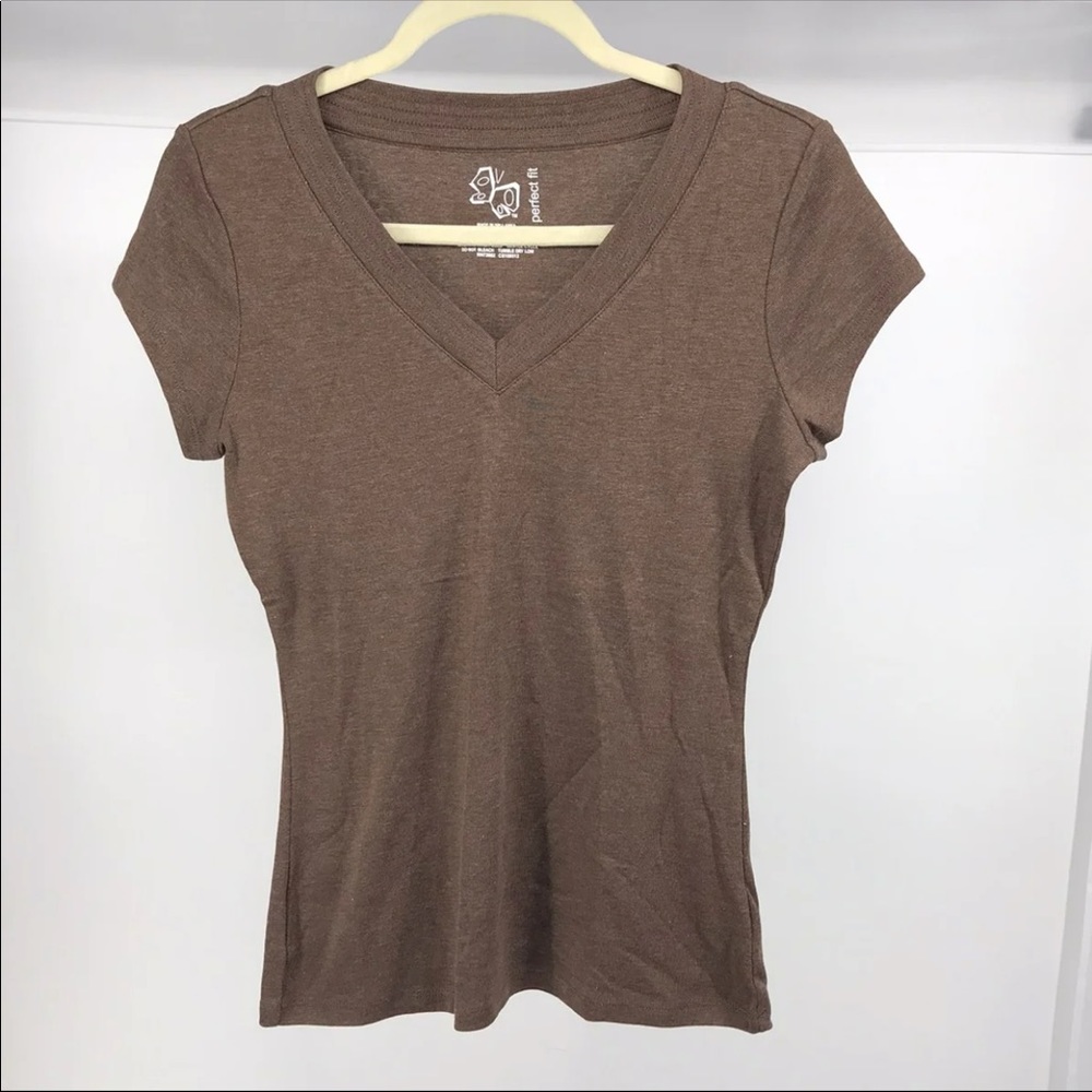 Brown V-neck cap-sleeve T-Shirt Top XS